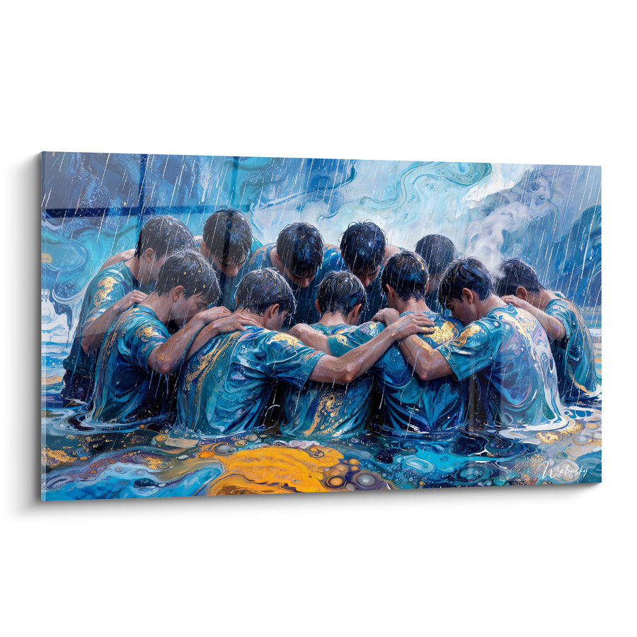 Tableau Mêlée de joueurs bleu et doré sous la pluie - Unité dans la tourmente - Edition Rugby