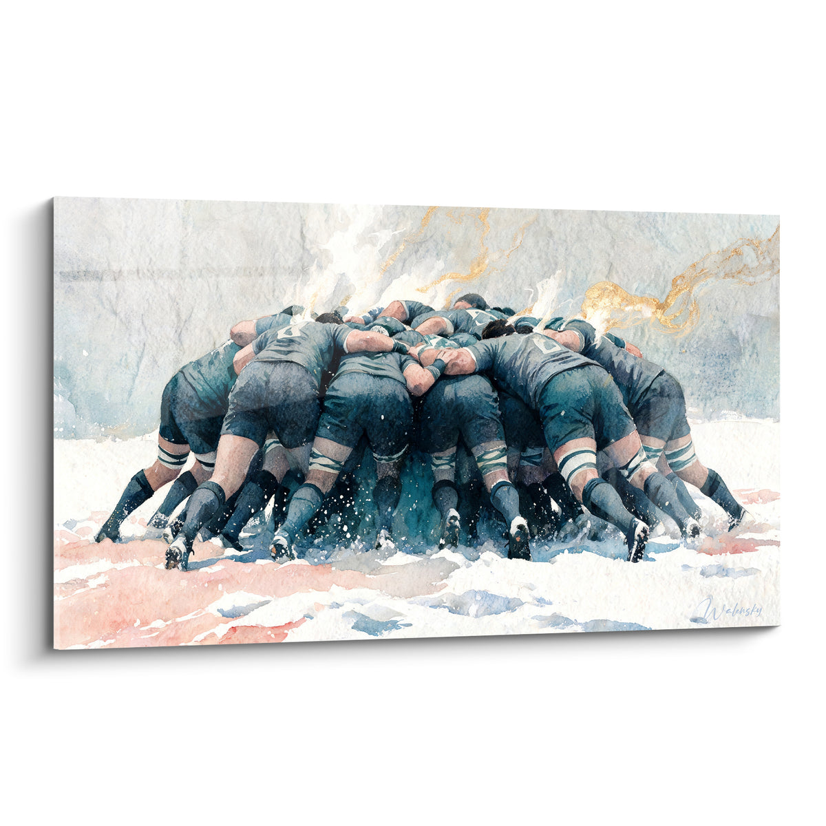 Mêlée de rugby bleu marine sur neige blanche, aquarelle aux reflets ocre et dorés