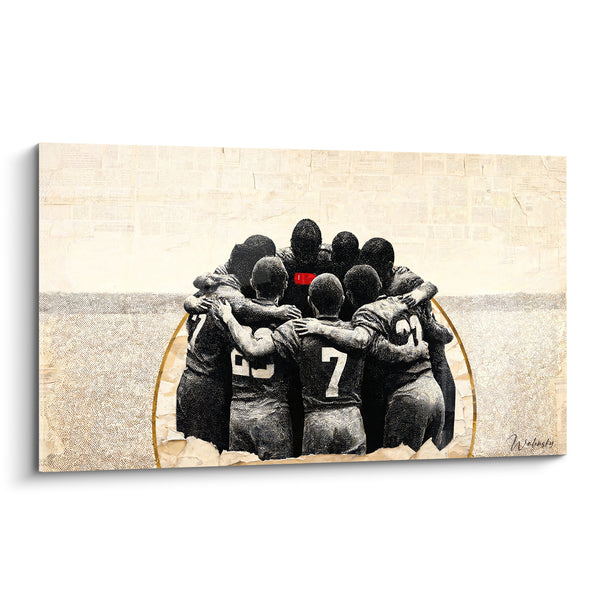 Tableau Joueurs enlacés en mêlée noir et beige - Union avant le combat - Edition Rugby