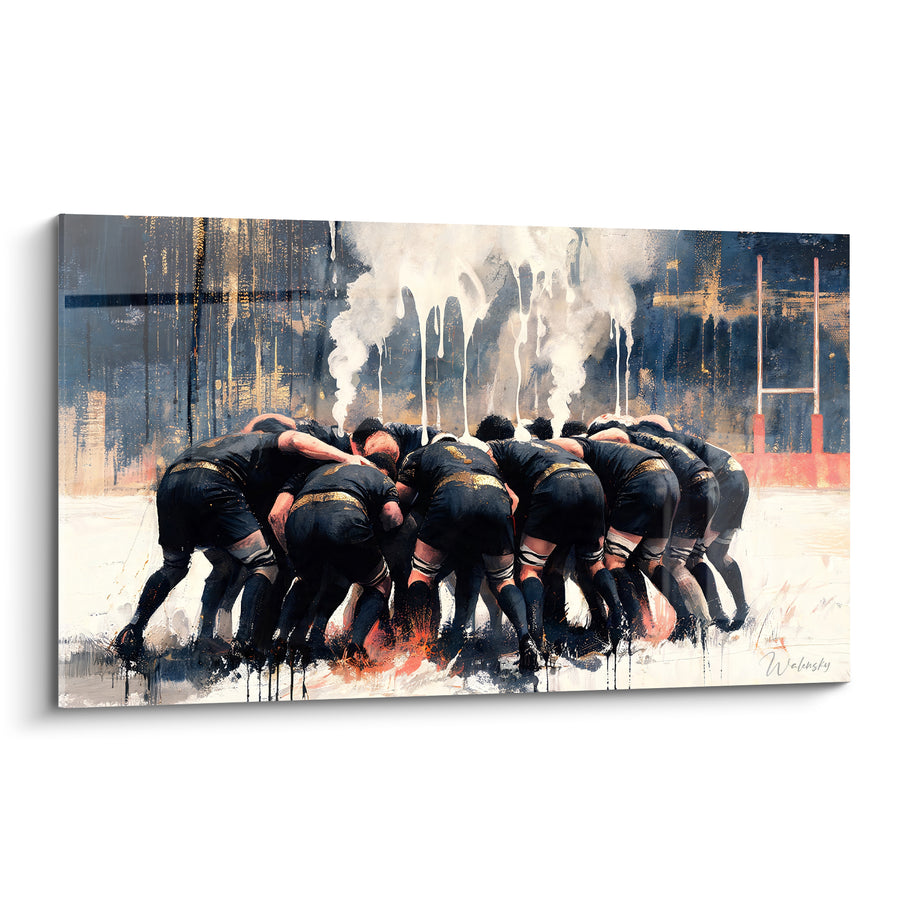 Tableau Mêlée noire et dorée sous la vapeur - Fusion des corps - Edition Rugby