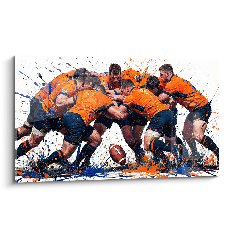 Tableau Mêlée orange et bleu marine sur fond blanc - Ballon au sol - Edition Rugby