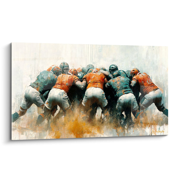 Tableau Mêlée de joueurs orange et bleu sarcelle - Combat collectif - Edition Rugby