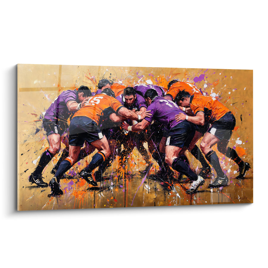 Tableau Mêlée de rugby orange et violette - Choc des lignes - Edition Rugby