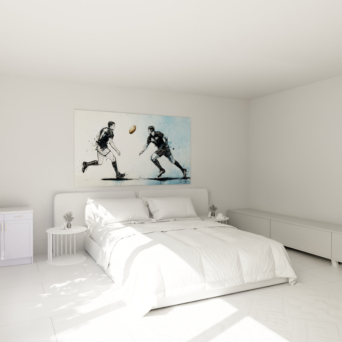 Passe de rugby en action, silhouettes anthracite et bleu pastel, au-dessus d'un lit dans une chambre claire