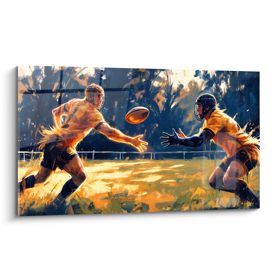 Tableau Joueurs casqués jaune et bleu échangeant un ballon - Clôture blanche en fond - Edition Rugby