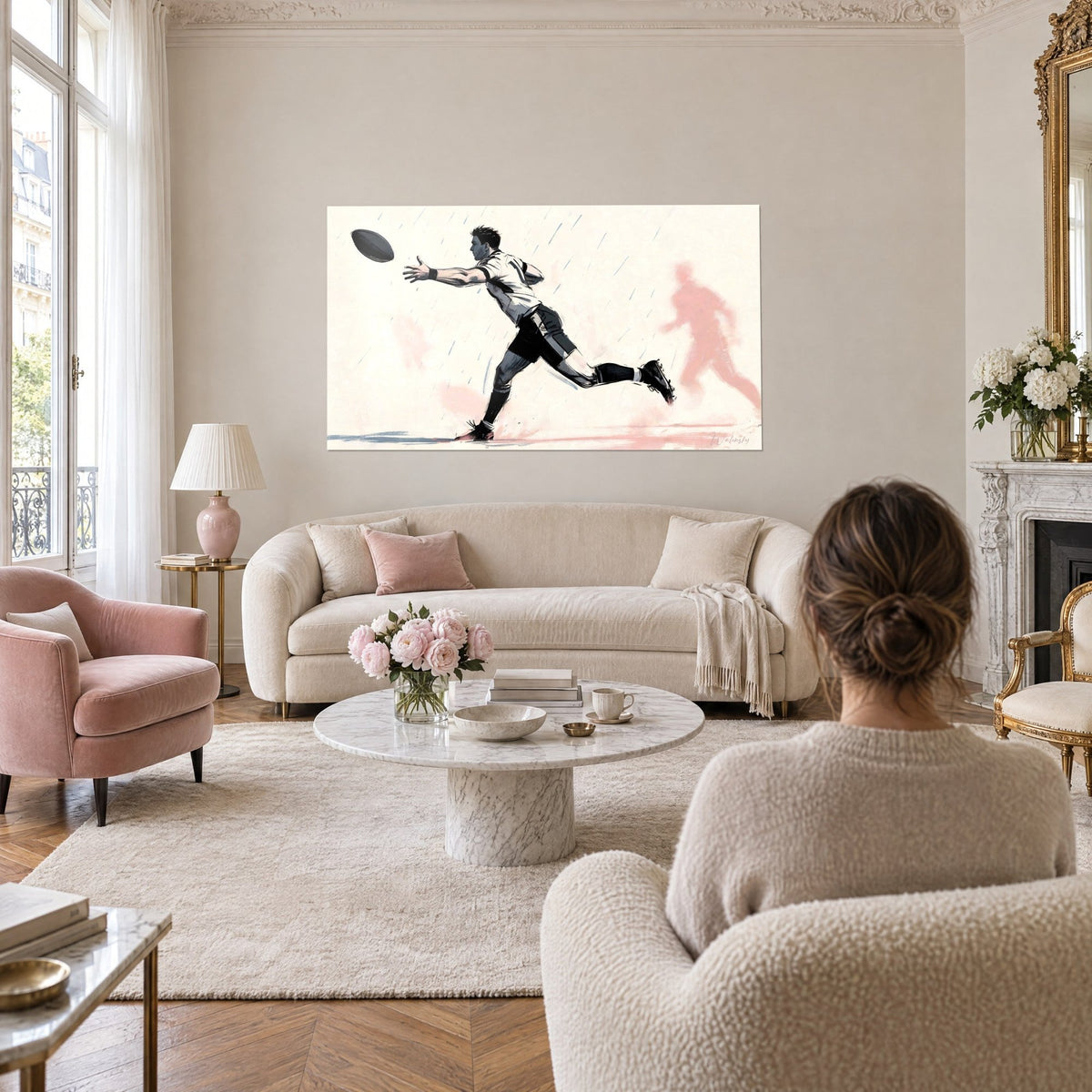 Gemälde Rugbyspieler beim Abspiel unter dem Regenguss, weißes Trikot, schwarze Shorts, rosa Silhouette über einem Sofa in einem hellen Wohnzimmer