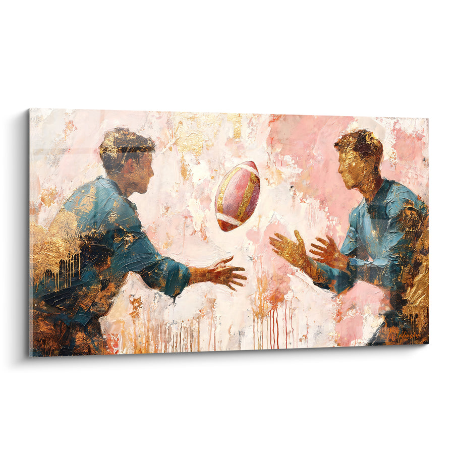 Tableau Joueurs bleu sarcelle et doré échangeant un ballon - Fond rose poudré - Edition Rugby