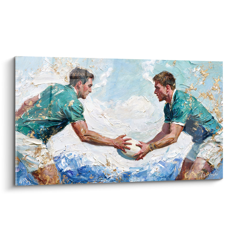Tableau Joueurs vert émeraude et blanc se transmettant le ballon - Mains jointes sur le cuir - Edition Rugby