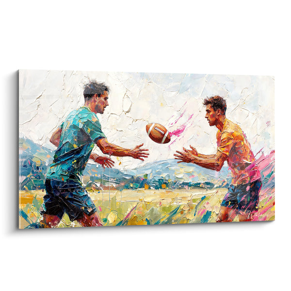 Tableau Joueurs échangeant un ballon ocre et turquoise - Échange complice - Edition Rugby