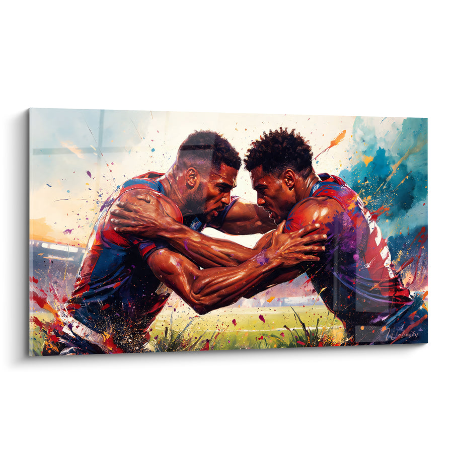 Tableau Joueurs bleu et rouge en plaquage - Duel de titans - Edition Rugby
