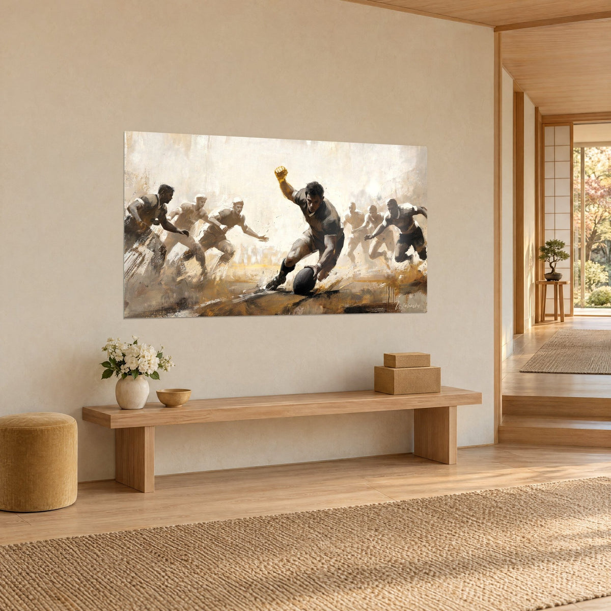 Gemälde eines Versuchs, bei dem ein gebeugter Spieler den Ball auf den Boden drückt, ocker- und weiße Pinselstriche, erhobene goldene Faust, helle Wand in Dreiviertelansicht