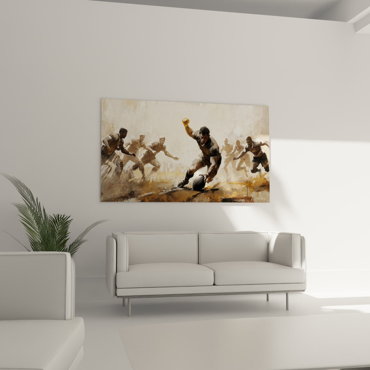 Scène de rugby dynamique aux teintes ocre et anthracite, au-dessus d'un canapé dans un salon lumineux