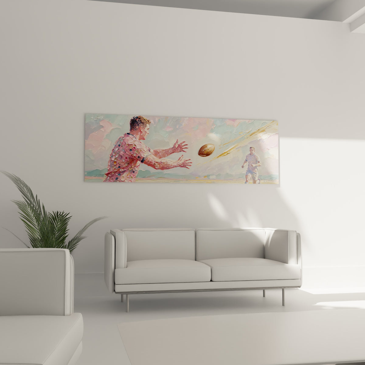Scène de Rugby aux teintes roses et dorées, disposée au-dessus d'un canapé dans un salon lumineux