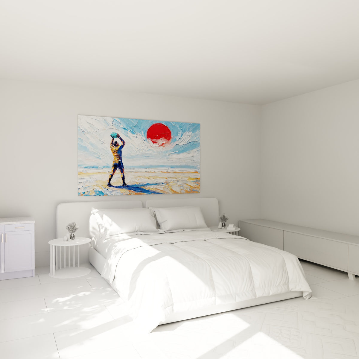 Silhouette bleu marine et jaune d'un joueur de rugby sous un ciel bleu, au-dessus d'un lit dans une chambre claire