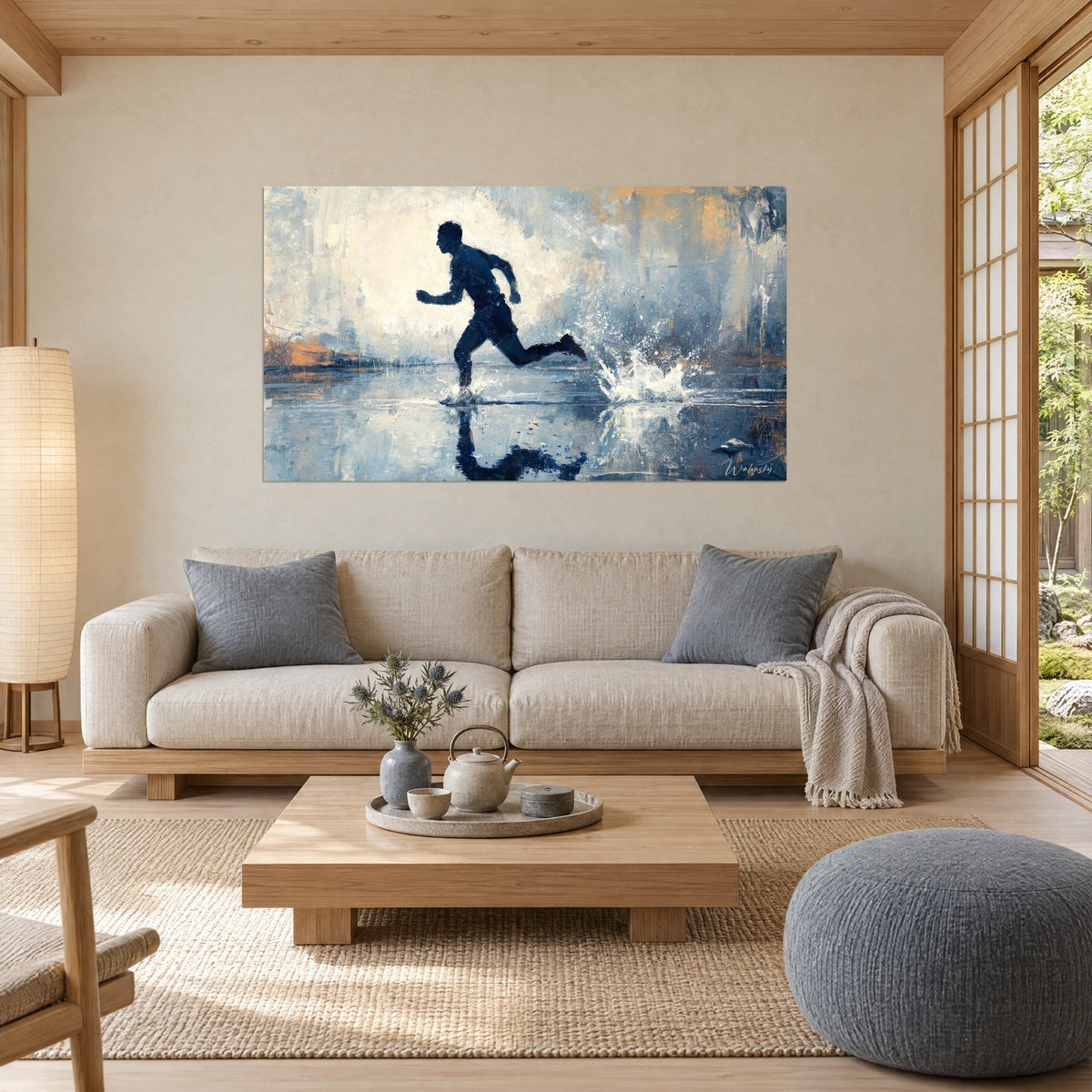 Tableau sprinter en silhouette bleu marine éclaboussant une eau grise, ciel ocre, au-dessus d'un canapé dans un salon lumineux