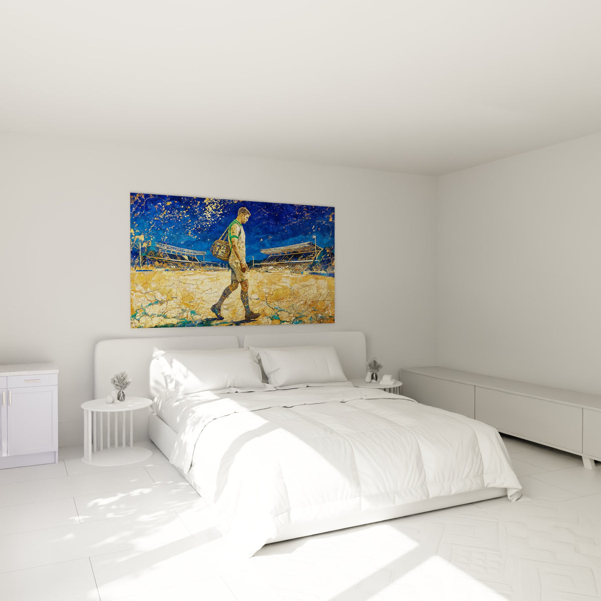 Silhouette dorée d'un rugbyman traversant un terrain bleu, au-dessus d'un lit dans une chambre claire
