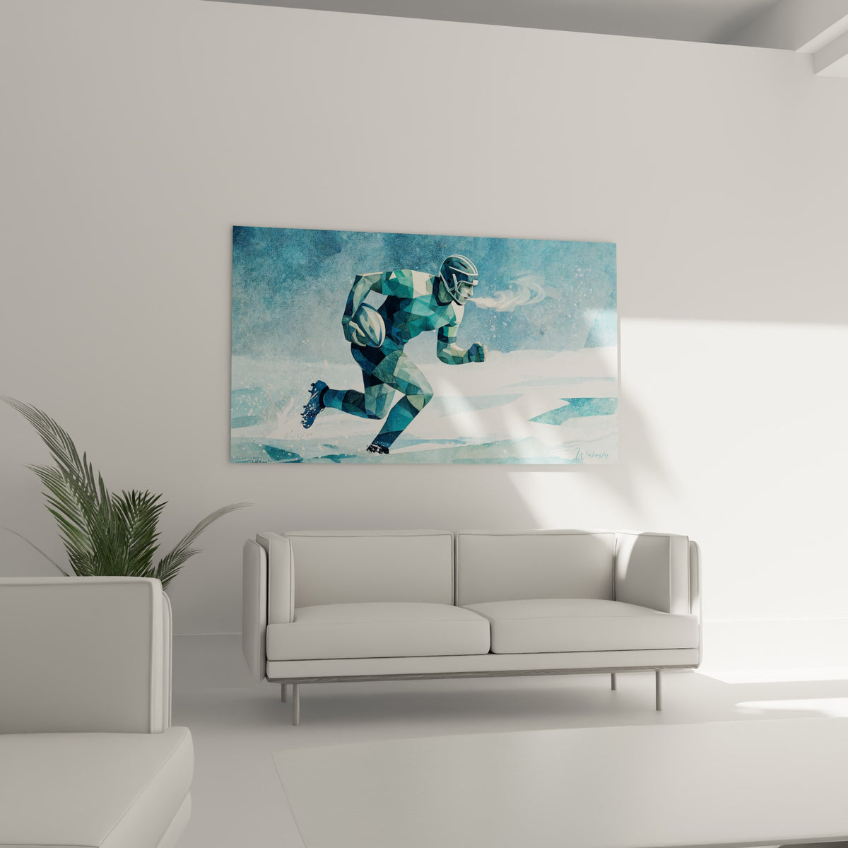 Silhouette anguleuse d'un rugbyman en bleu pastel et vert d'eau au-dessus d'un canapé dans un salon lumineux