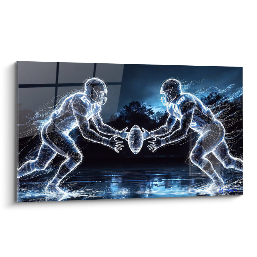 Tableau Joueurs filaires bleu et blanc au ballon - Duel électrique - Edition Rugby