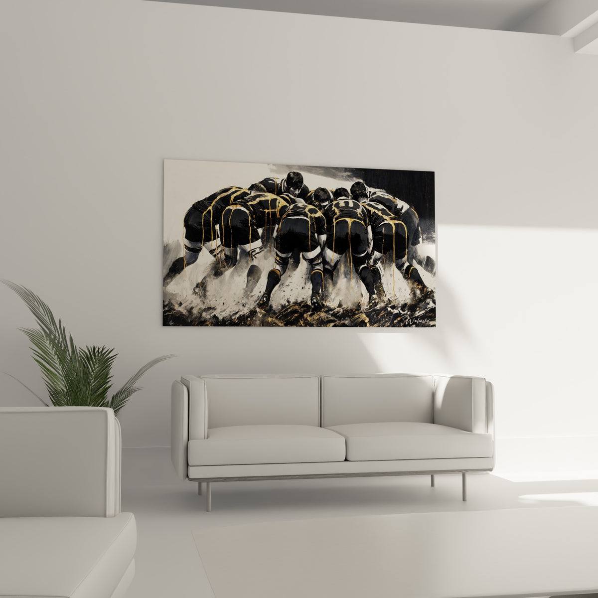 Silhouettes de rugbymen noirs striés d'or en formation serrée, au-dessus d'un canapé dans un salon lumineux