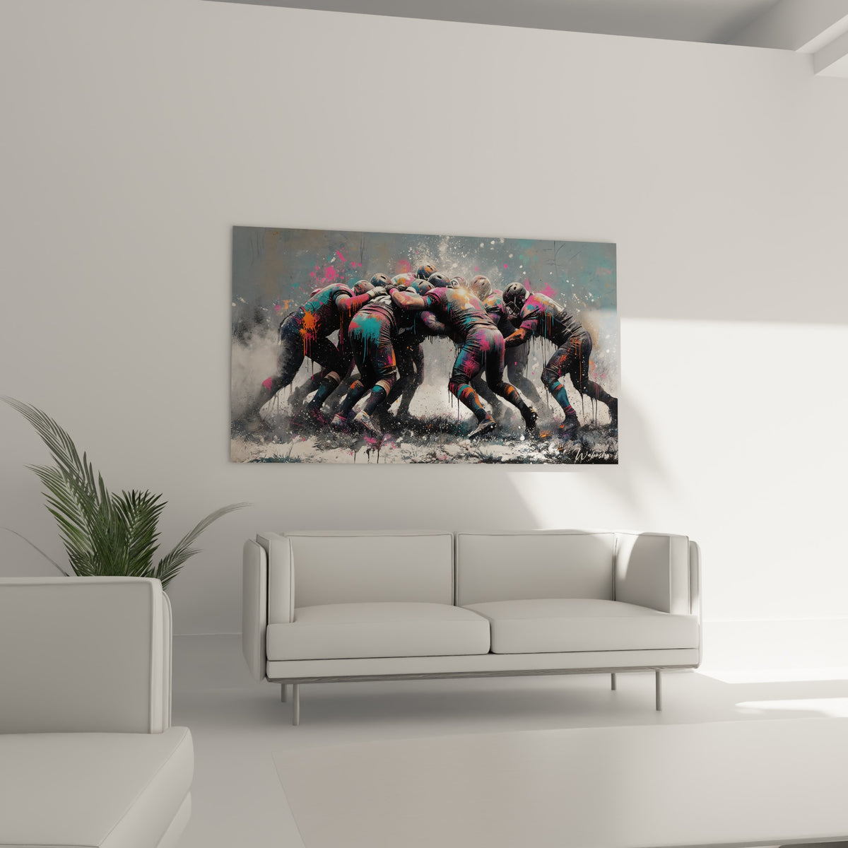 Silhouettes de rugbymen anthracite et roses en pleine lutte, au-dessus d'un canapé dans un salon lumineux