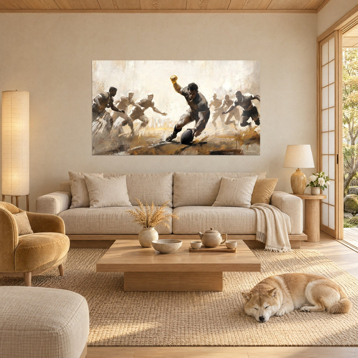 Schilderij van een rugbyspeler die duikt naar de zwarte ovale bal, grijs shirt, gouden vuist, crème achtergrond, liggende Shiba op een bank in een lichte woonkamer
