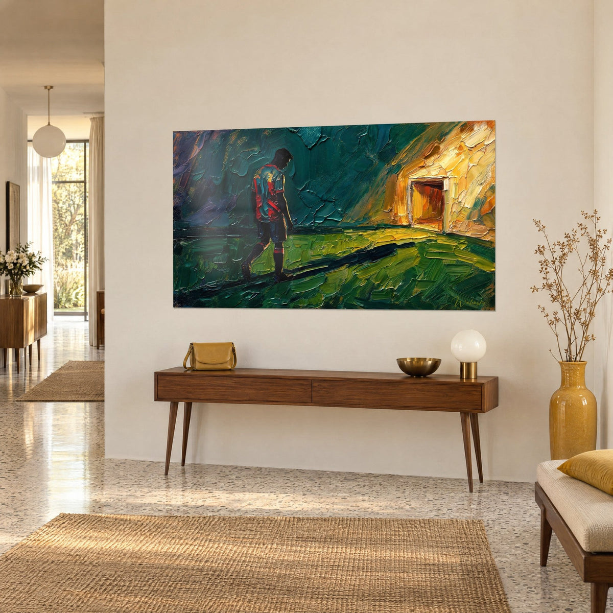 Tableau sportif de dos marchant sur la pelouse vert olive, ombre étirée, tunnel ocre rougeâtre baigné de lumière jaune, couloir clair
