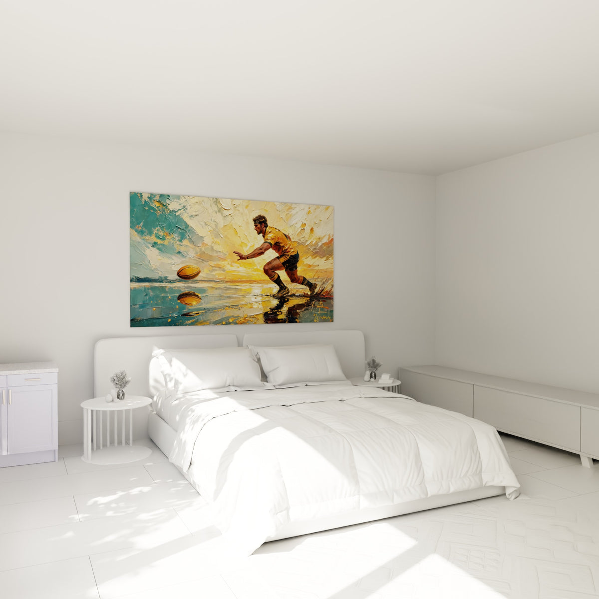Sportif en plein élan, tons dorés et bleu sarcelle, au-dessus d'un lit dans une chambre claire