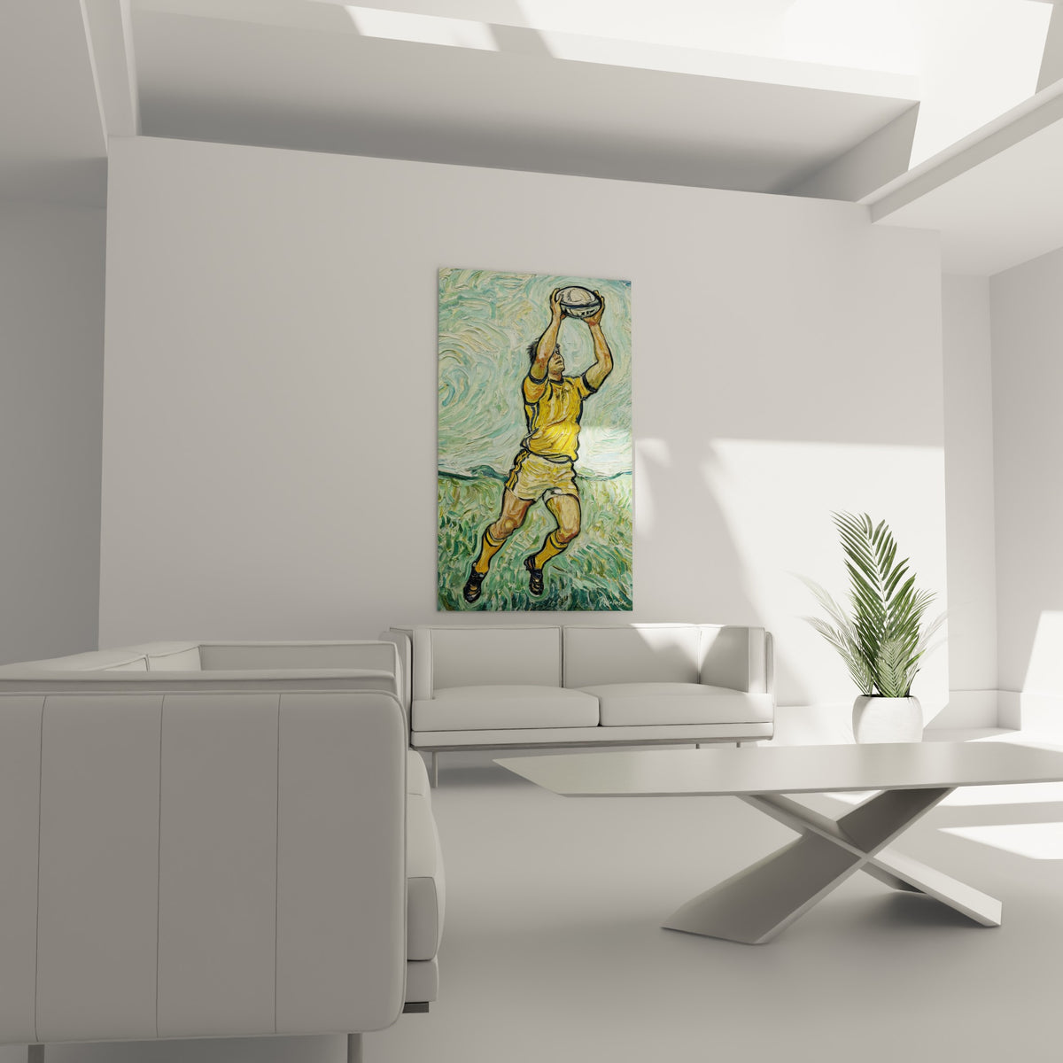 Sportif en plein saut capturant un ballon blanc, œuvre vert sauge disposée au-dessus d'un canapé dans un salon lumineux