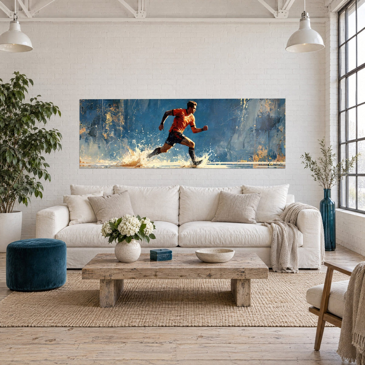 Wall art of a sportsman in dark orange jersey running through water, blue and gold background, above a sofa in a bright living room