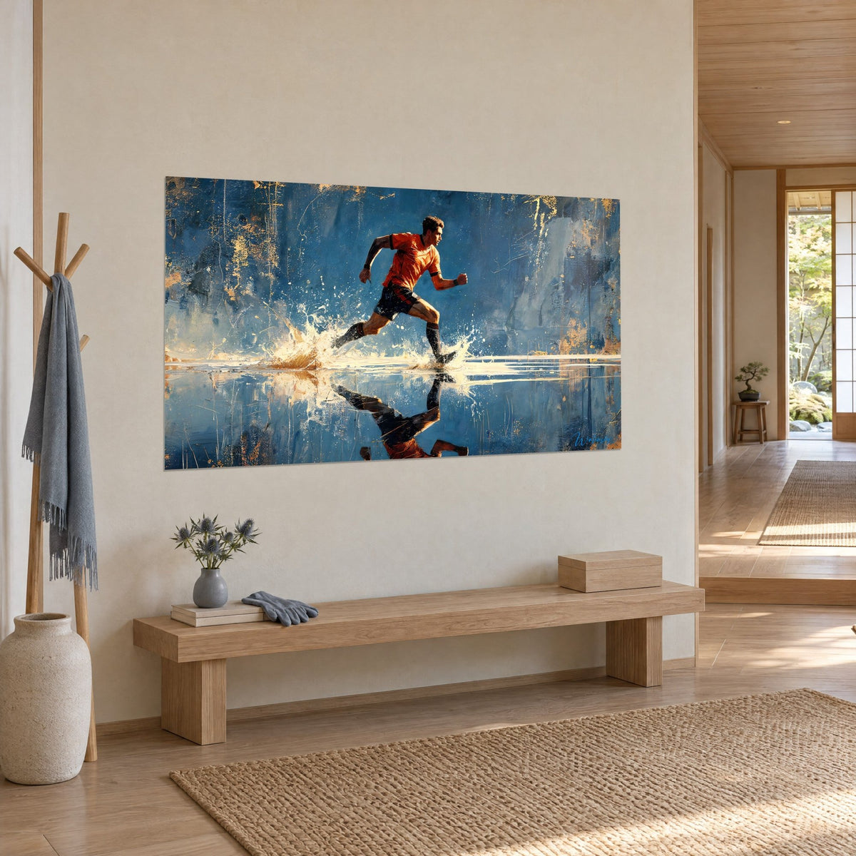 Cuadro deportivo en plena carrera, pantalón corto negro y chorros de agua dorados, reflejo invertido sobre suelo azul, pared clara de un pasillo japandi