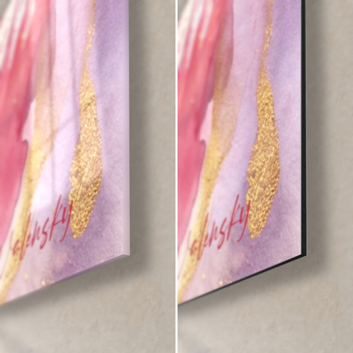 Quadro giocatore di rugby ad acquerello rosa e oro, angolo in basso a destra: vetro lucido a sinistra, Dibond opaco a destra, spessore 3 mm