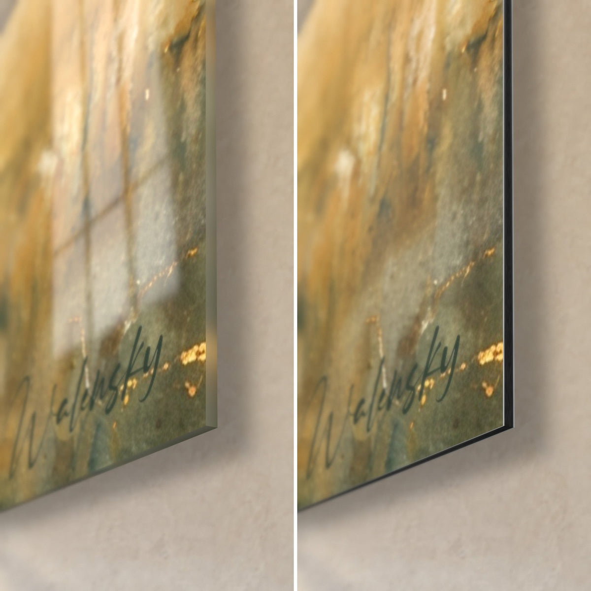 Cuadro rugbista en carrera, esquina inferior derecha: cristal acrílico brillante a la izquierda, aluminio Dibond mate a la derecha, canto de 3 mm, verde dorado