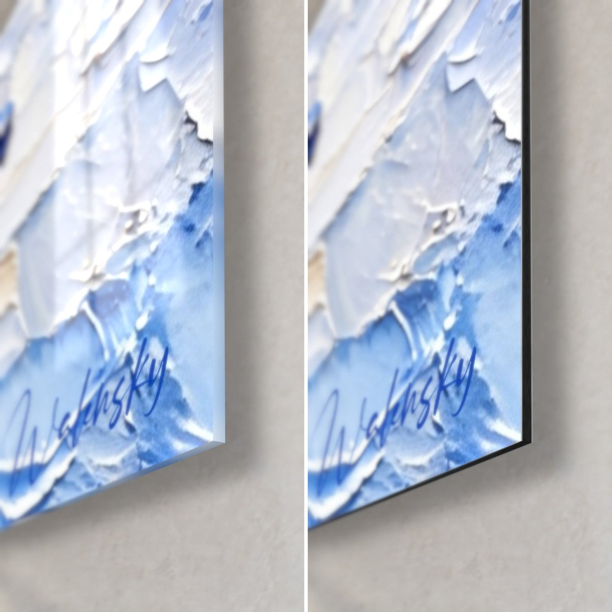 Gemälde eines Kickers beim Schuss, untere rechte Ecke: glänzendes Glas mit ultramarinblauen und weißen Reflexen, schwarze 3 mm Dibond-Kante
