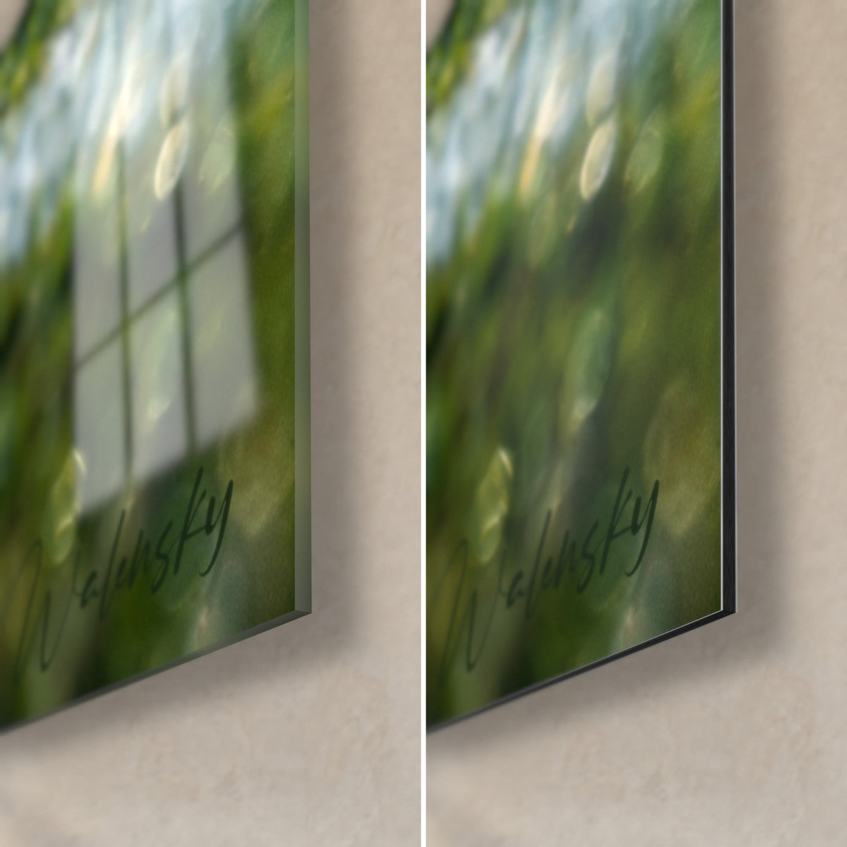 Wall art rugby player in a dive, golden green bokeh, bottom right corner of glossy glass reflecting onto matte black Dibond, 3 mm thick