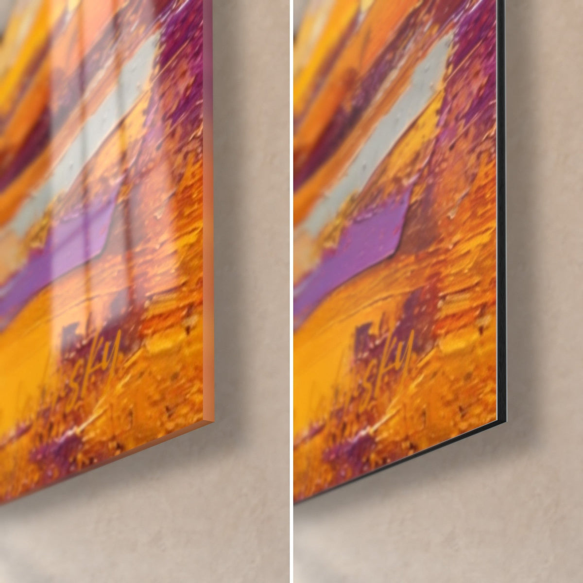 Tableau sprinteur au maillot orangé, coin bas droit : reflets sur le verre brillant, Dibond mat noir et tranche fine