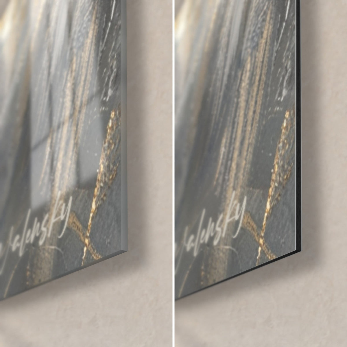 Tableau joueur de rugby suspendu en l'air, coin bas droit : verre acrylique brillant gris et or à gauche, alu Dibond noir mat à droite, tranche de 3 mm