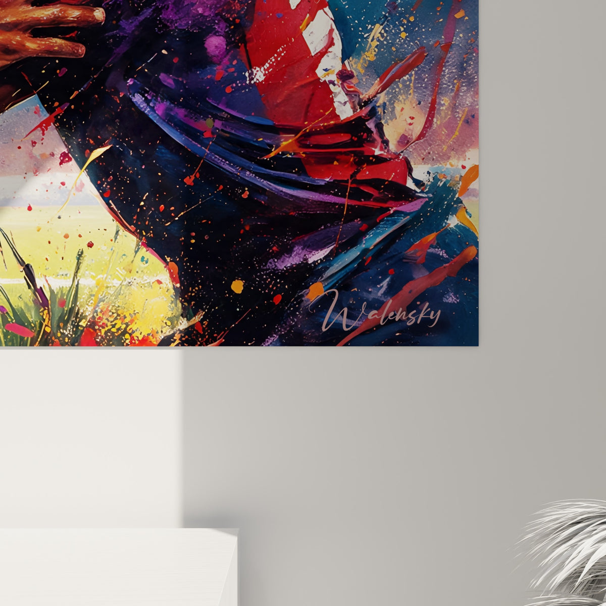 Matière picturale du tableau rugby révélant empâtements bleu marine, coulures dorées et touches de rouge vif