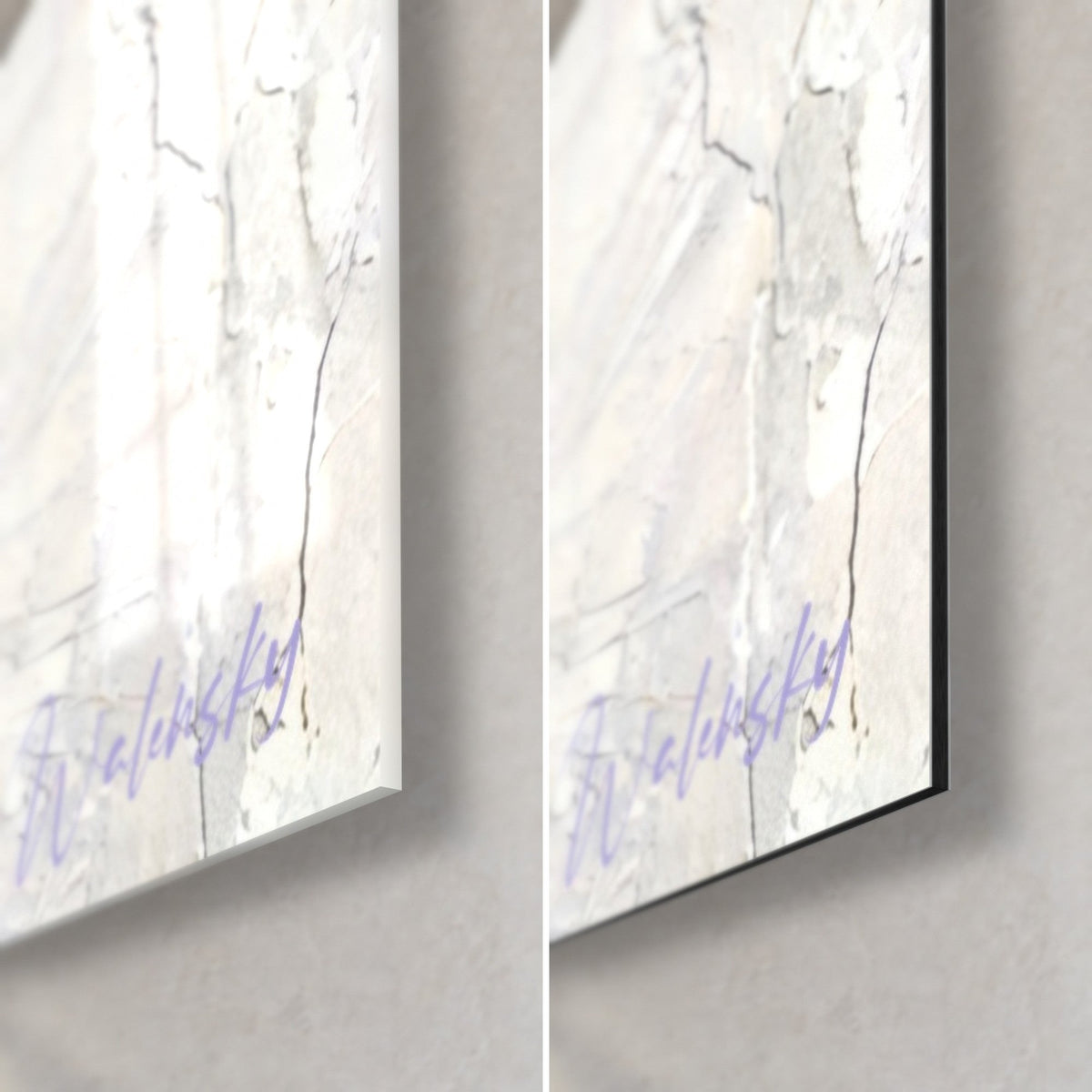 Gemälde Sportler in Bewegung, Ecke unten rechts: glänzendes Acrylglas links, mattweißes Alu-Dibond rechts, schwarze 3-mm-Kante