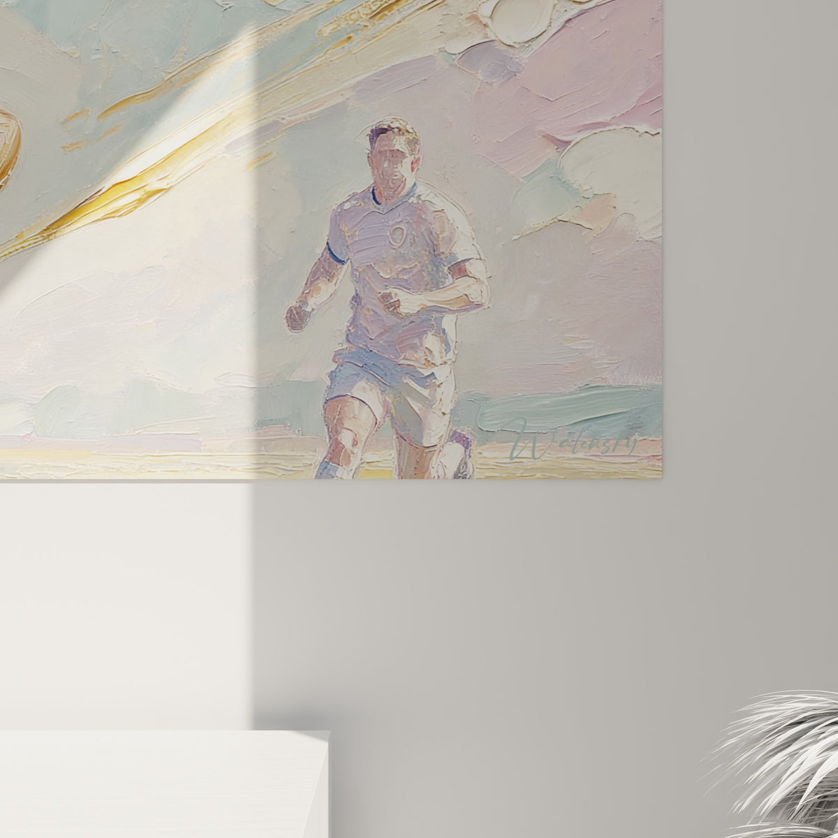 Empâtements roses et coulures dorées de ce tableau Rugby révélant la matière épaisse de la peinture
