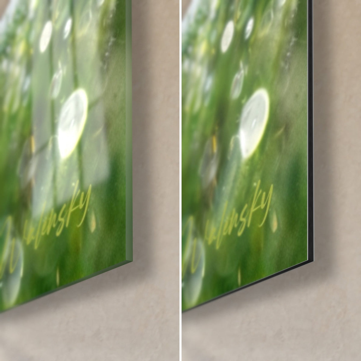 Quadro giocatore di rugby sollevato, erba verde e gocce di rugiada, angolo di vetro lucido in basso a destra e Dibond nero opaco da 3 mm