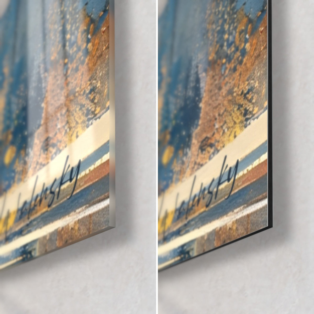 Wall art of an orange rugby player, bottom right corner in glossy glass and matte Dibond aluminium, 3 mm thickness, blue and gold touches