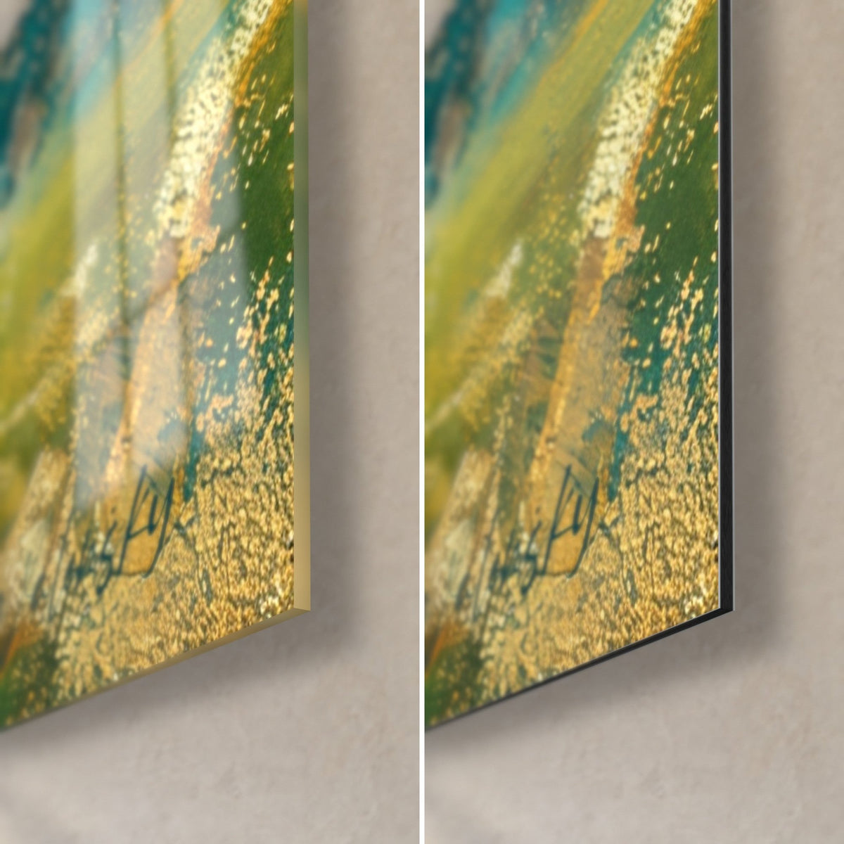 Tableau joueurs en mosaïque, coin bas droit : verre acrylique brillant et reflets, Dibond noir mat, tranche de 3 mm, éclats d'or