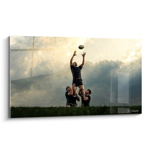 Tableau Joueurs noir et doré porteurs soulevant un coéquipier - Touche à trois - Edition Rugby