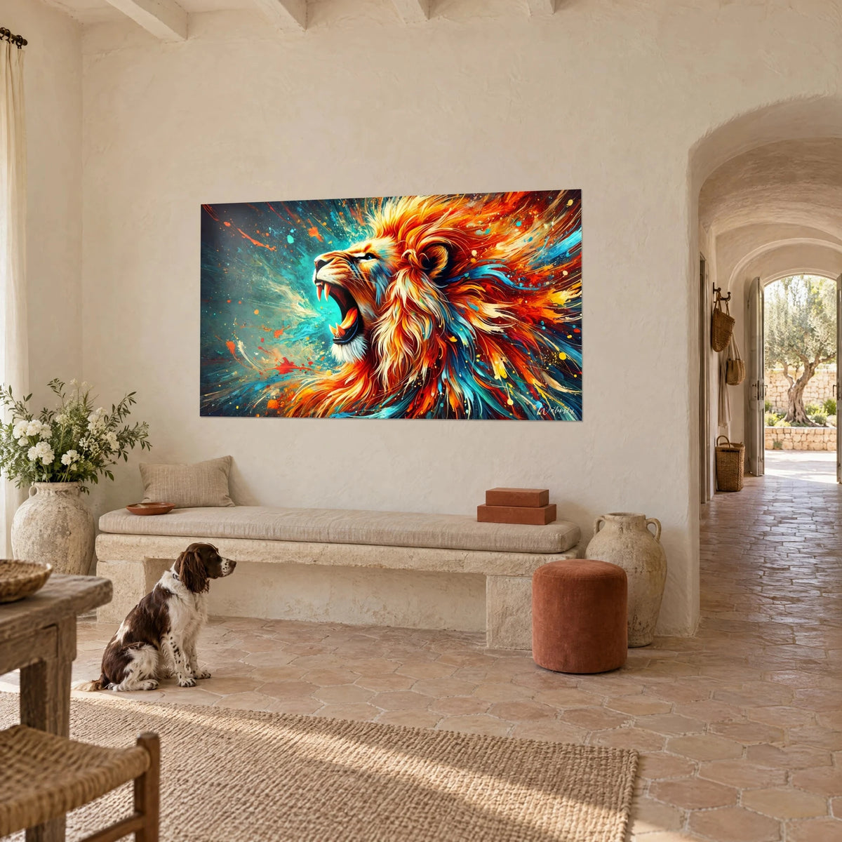 Schilderij roofkat met open bek, vurig rode manen op turquoise achtergrond, crèmekleurige muur, zittende spaniël, Provençaalse boerderij