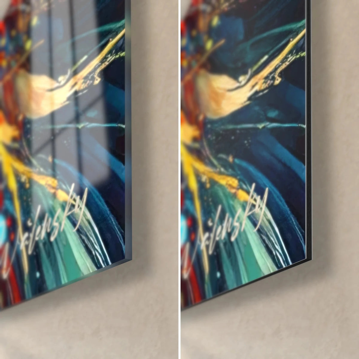 Schilderij brullende roofkat, rechtsonder: glanzend acrylglas links, mat Dibond rechts, gele en blauwe accenten
