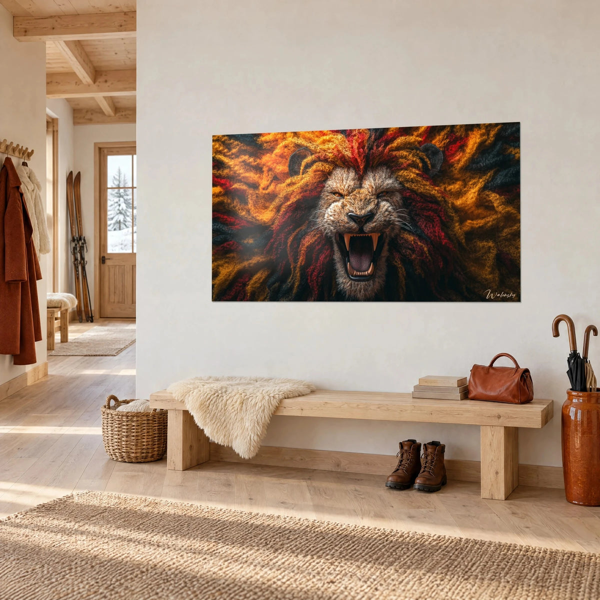 Wall art feline with ivory fangs, braided mane in saffron yellow and burgundy, hung above a wooden bench in the chalet entrance