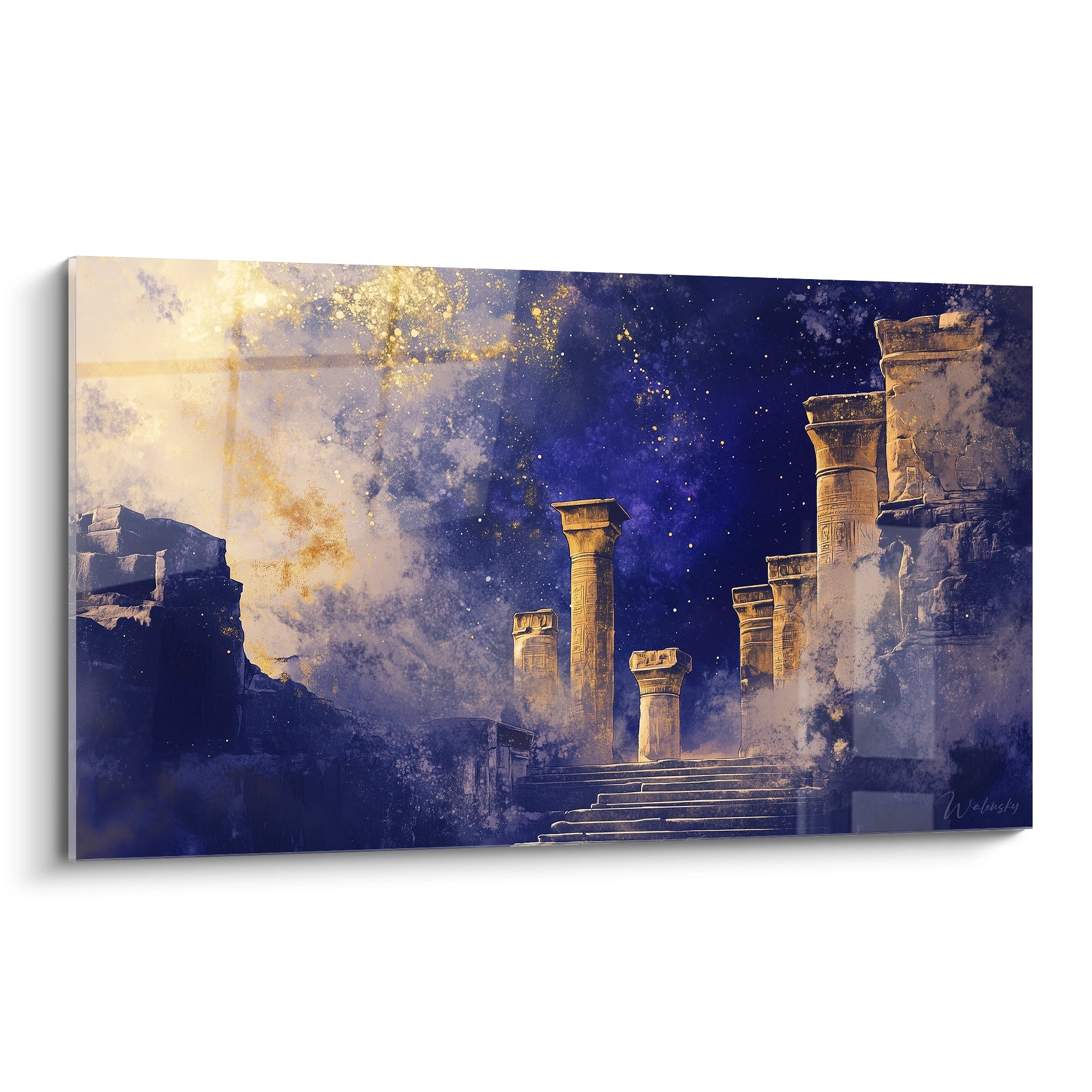 Tableau Egypte mural Walensky représentant des colonnes anciennes sous un ciel étoilé bleu et doré