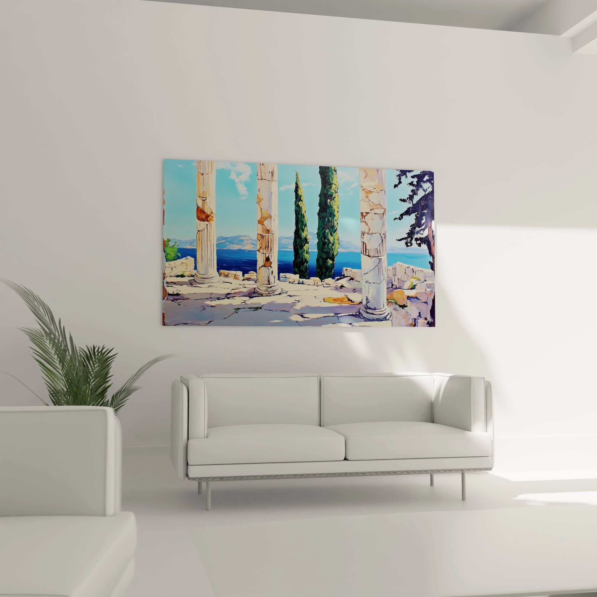 Un tableau côtier méditerranéen illustrant des vestiges archéologiques en pierre calcaire blanche, accompagnés de cyprès verts verticaux, s'ouvrant sur une mer bleue scintillante et des montagnes distantes, dans une atmosphère de clarté lumineuse typiquement grecque.
