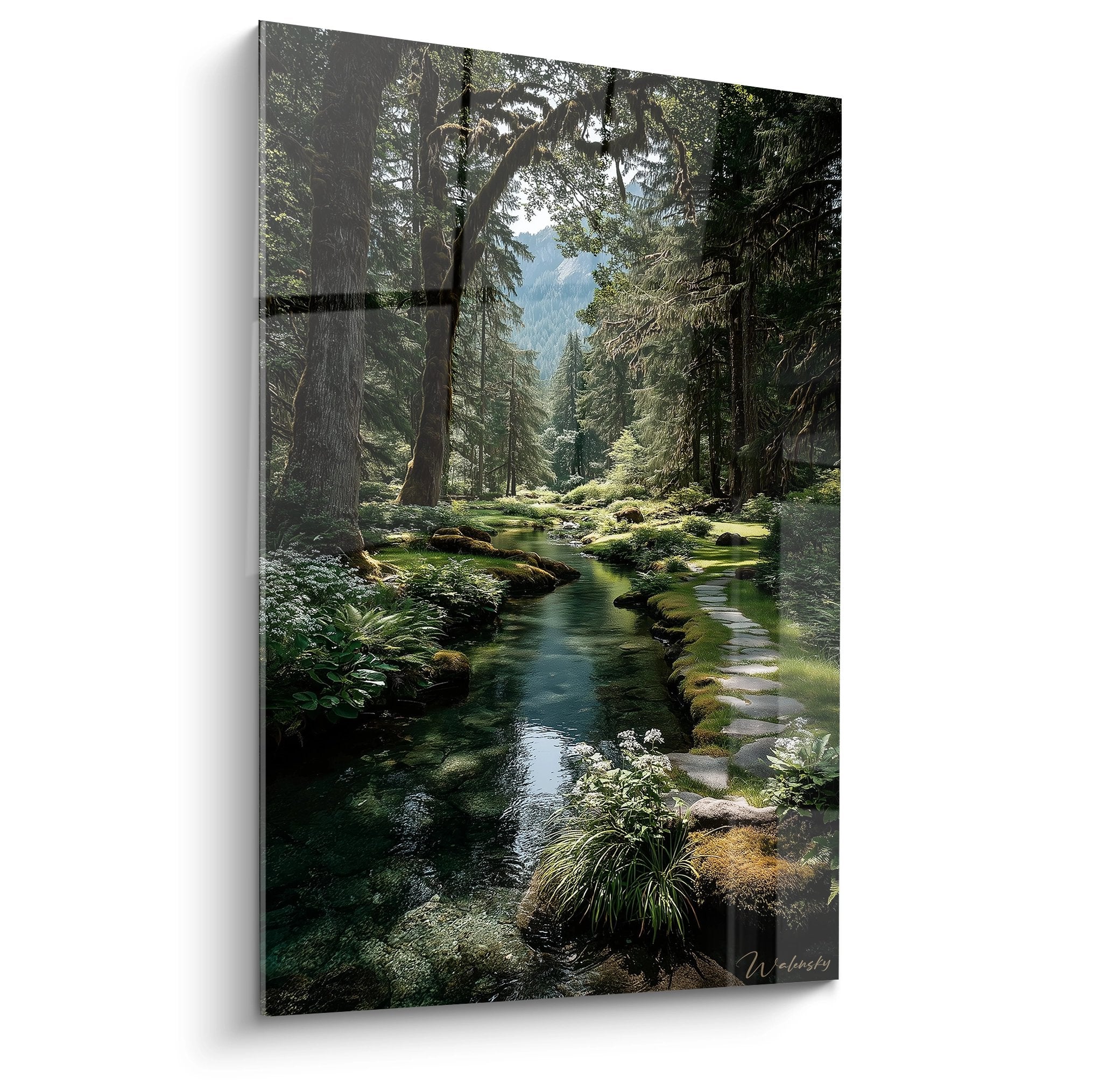 Tableau mural ruisseau forestier avec cours d'eau cristallin traversant une forêt luxuriante aux tons verts