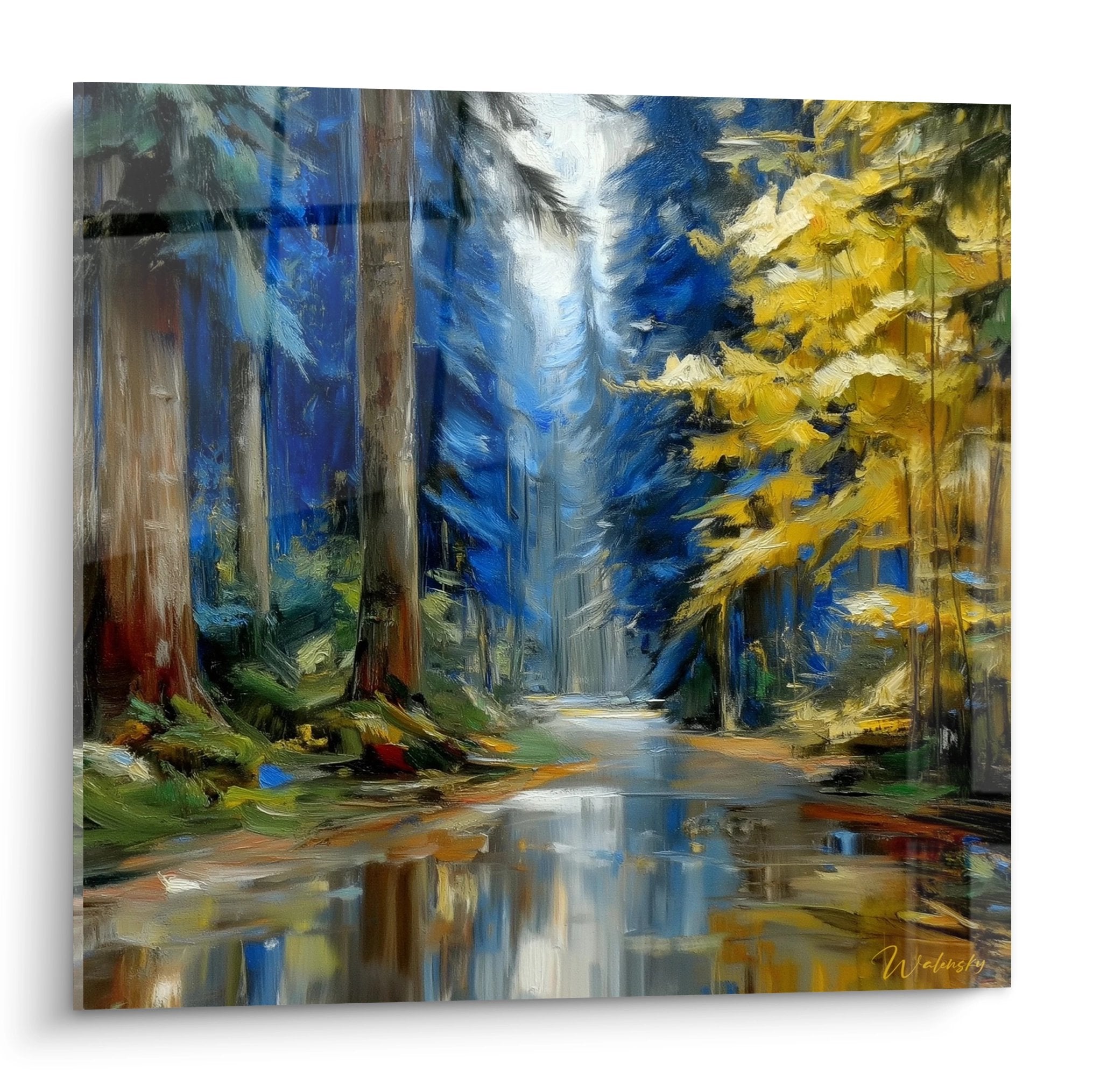 Tableau mural ruisseau en forêt avec reflets dorés et feuillage automnal, peinture impressionniste nature
